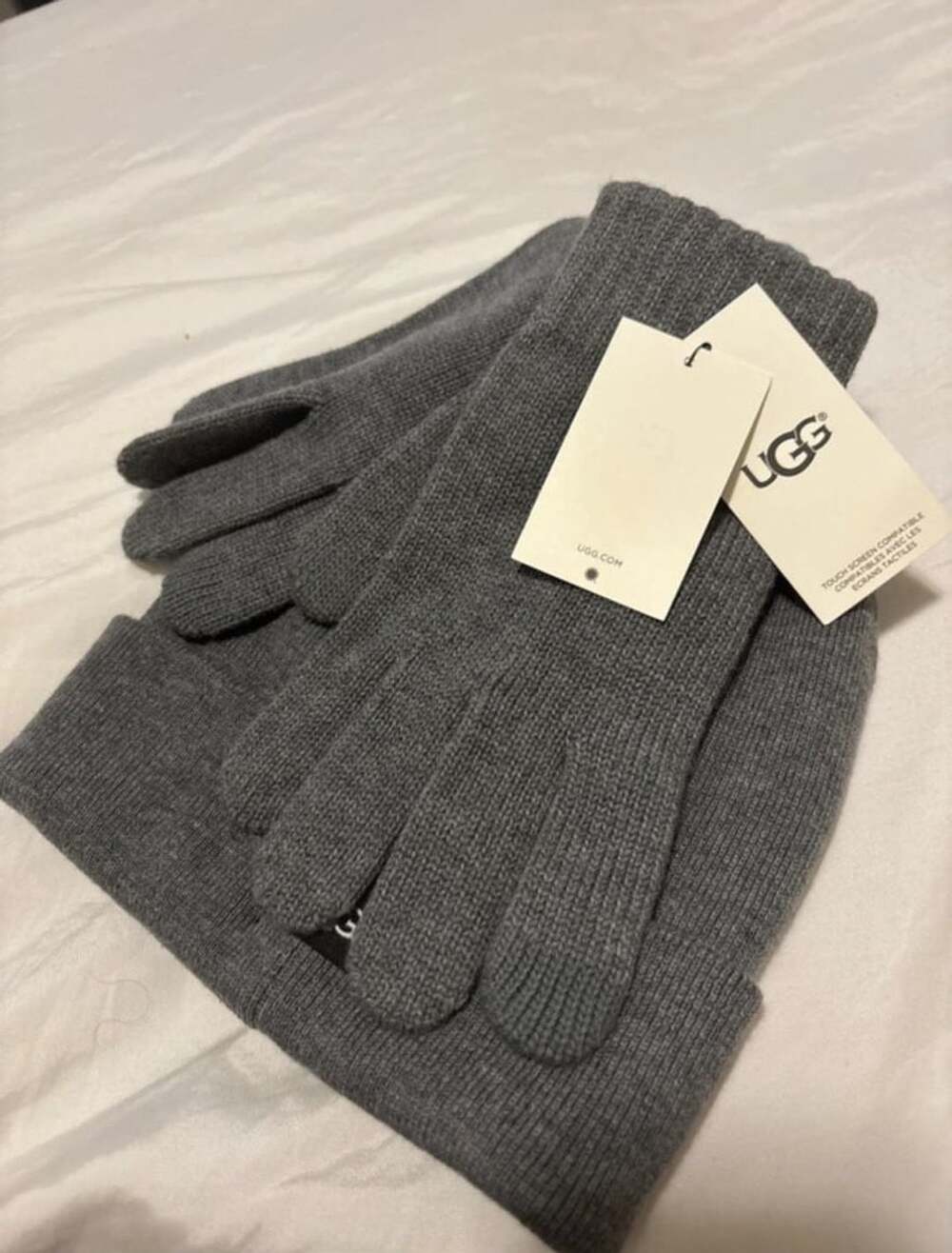 UGG Charcoal Grey Knit Beanie Hat and Touchscreen Gloves Set